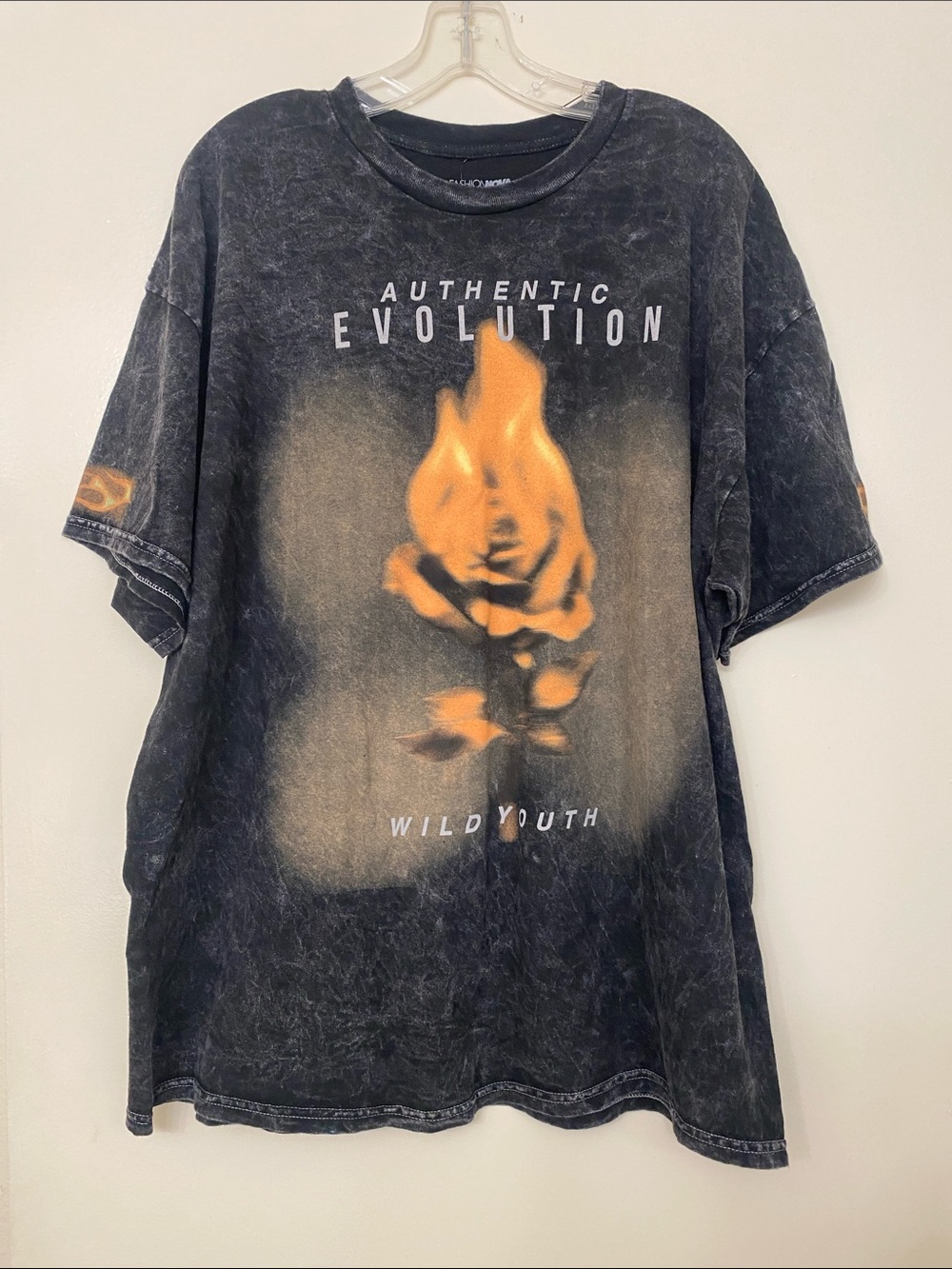 Fashion Nova Black Tee with Orange Flame Rose Graphic